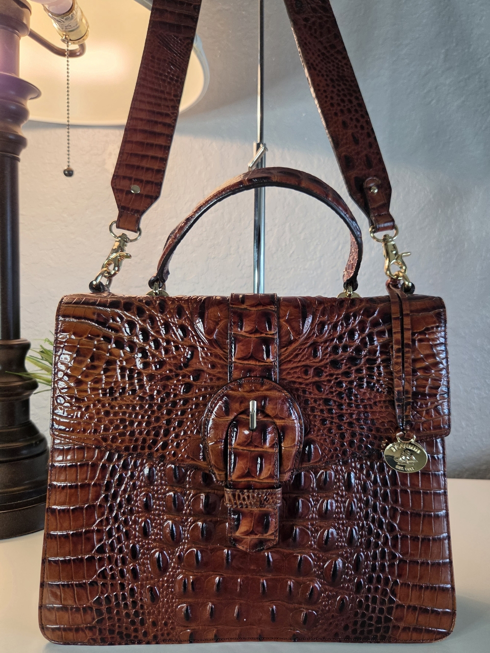 Brahmin Gabriella Satchel Pecan Melbourne Croc Embossed Accordion Bag